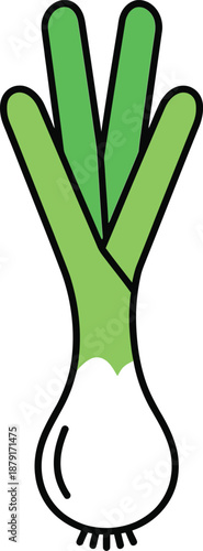 Simple cartoon illustration of a leek with green leaves and white bulb vegetable food