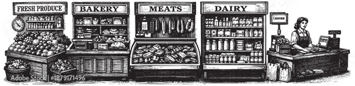 Illustration of a grocery store layout featuring fresh produce, bakery, meats, dairy, and a cashier, ideal for commercial and editorial use.