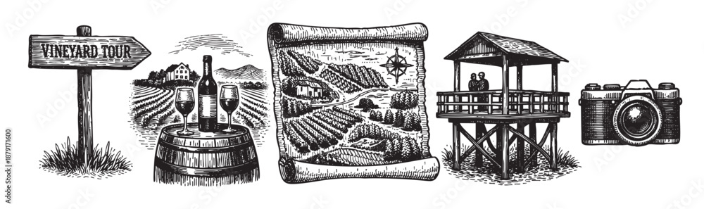 Fototapeta premium Detailed black and white illustration showcasing a vineyard tour with wine tasting, a vineyard map, scenic overlook, and a vintage camera, perfect for winery branding.