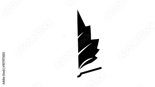 Minimalist black abstract feather shape on white background.