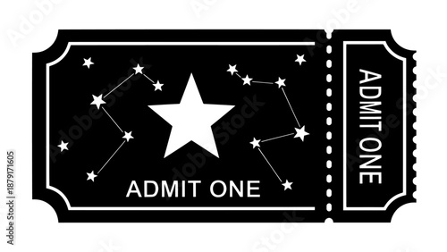 Black and white admit one ticket with star illustration design.
