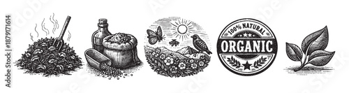 Collection of engraved illustrations depicting organic farming elements, including plants, seeds, wildlife and certification stamp, set against a clean white background.