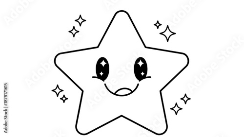 Smiling Cartoon Star Character with Sparkles in Simple Line Art for Graphic Resources.