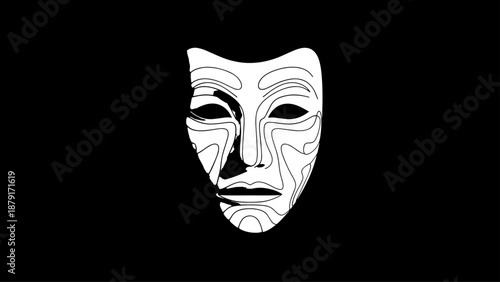Minimalist white theater mask icon on a stark black background for dramatic imagery.