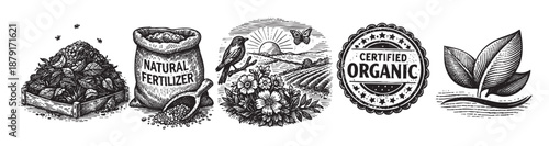 Illustration set showing compost, fertilizer, farmland, organic certification and leaves. Black and white line art. Good for packaging or brochures.