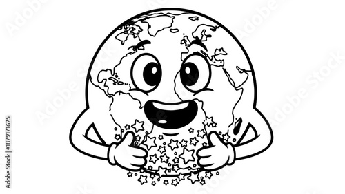 Playful cartoon Earth character cuddling and presenting cookies in a friendly global scene.