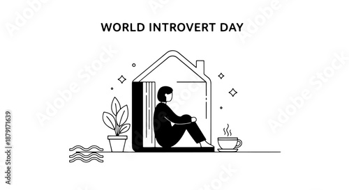 World Introvert Day depiction of a solitary person indoors in a quiet, cozy space with plants and calm surroundings.