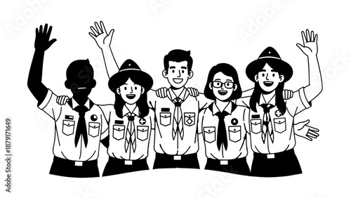 Group of diverse scouts wearing uniforms and waving together illustration.