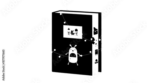 Minimalist black and white illustration of a quirky robotic fridge.