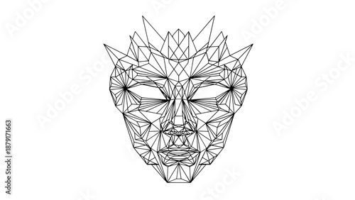 Geometric Wireframe Face in Abstract Line Art with Spiked Crown.