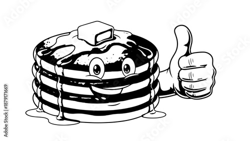Whimsical stack of syrupy pancakes with smiling face and thumbs up.