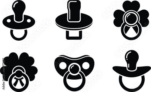 Baby pacifier icon set, infant care, black and white, cute designs, childcare essentials, flat vector illustration, newborn, comfort, accessory