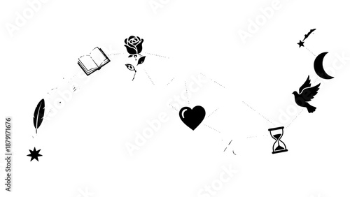 Minimalist circle of assorted icon symbols floating in a white background.