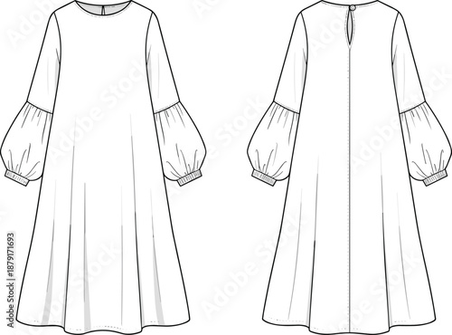 Bishop sleeve dress sketch, front and back views, keyhole neckline, fashion technical drawing, flat vector illustration