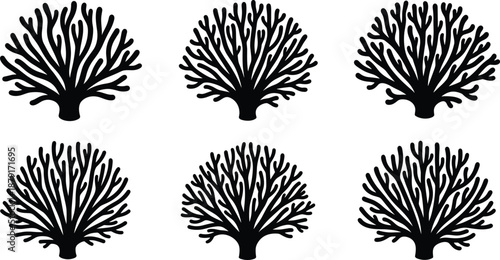 Black coral reef silhouette set, marine botanical sea fan shapes, ocean nature decor, underwater wildlife icon collection, flat vector illustration