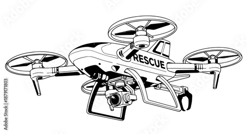 Quadcopter rescue drone with camera and sensors in flight for aerial monitoring and emergency operations.
