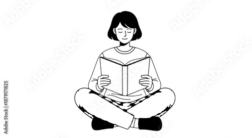 Young girl sitting cross-legged, absorbed in a book, in a simple black-and-white illustration.