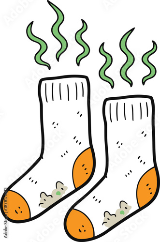 Cartoon smelly socks with odor lines and mice, hygiene humor concept, dirty laundry artwork, flat vector illustration