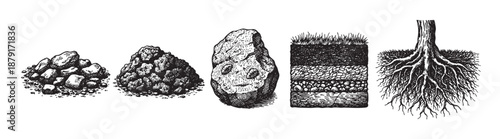 Black and white drawing illustrates soil composition, showing rocks, dirt piles, soil profiles, and root structures against a white background. Useful for education or science themes.