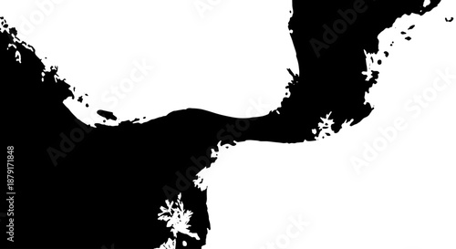 Monochrome abstract silhouette featuring irregular coastline shapes and bold negative space.