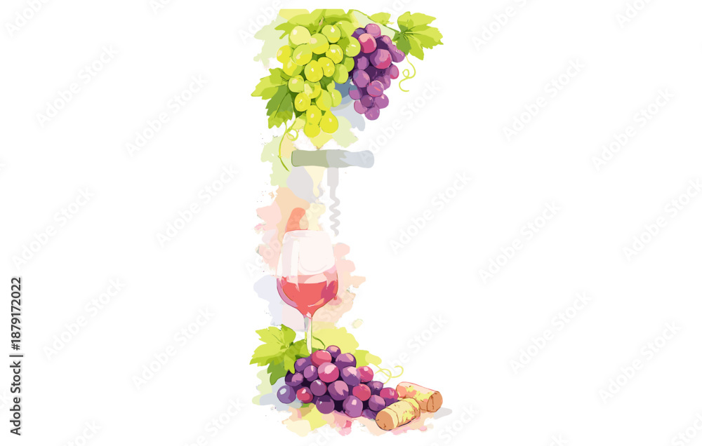 Obraz premium Watercolor grapes and wine composition with corkscrew and wineglass