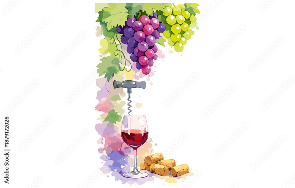 Obraz premium Vibrant grapes and wine glass with corks and corkscrew