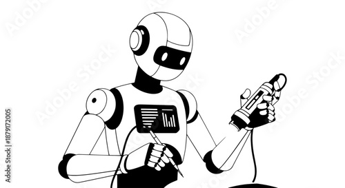 White humanoid robot inspecting a small gadget with precision tools for detailed analysis.