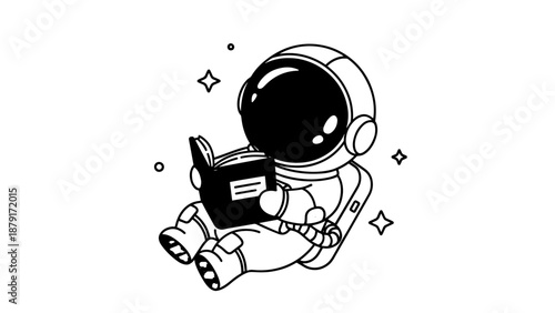 Playful astronaut reading a tablet in a space suit among stars and cosmic imagery in space.