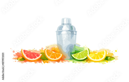 Colorful citrus cocktails with stainless steel shaker and sliced fruit