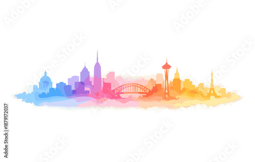 Colorful watercolor skyline with iconic global landmarks and vibrant colors