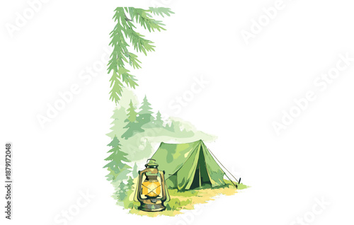 Green tent and lantern in forest clearing watercolor illustration