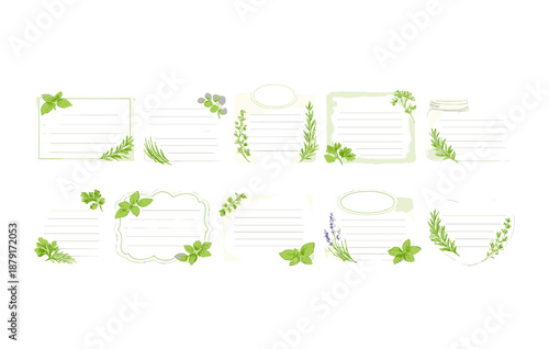 Herb-themed blank labels with greenery and floral designs for customizable use