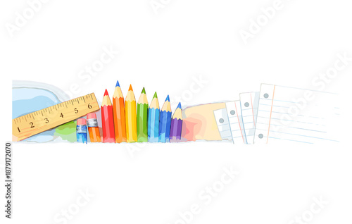 Colorful pencils and school supplies on white background