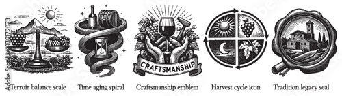 Engraved style black and white illustrations of wine making concepts depicting terrior, aging, craftsmanship, harvest cycle, and tradition for use in marketing and branding.
