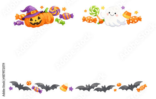 Colorful halloween border with pumpkins, ghost, bats, and candy decorations