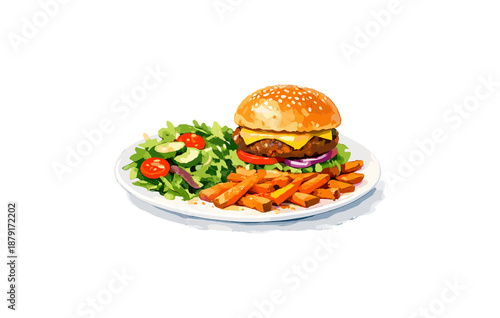 Cheeseburger with sweet potato fries and fresh salad on white plate