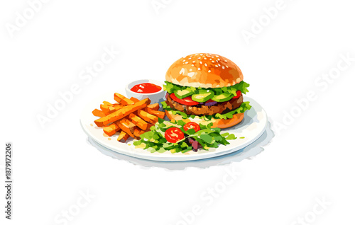 Delicious cheeseburger with french fries and fresh salad on white plate