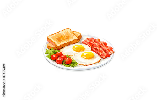 Delicious breakfast plate with eggs, bacon, toast, and tomato garnish