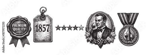 An illustration featuring vintage style wine related labels, rating stars, and medal award engravings, ideal for branding or marketing content about wine quality.
