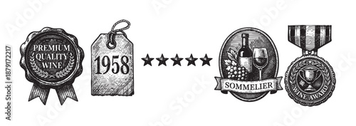 Etched wine awards badges and stars design elements on a white background, showcasing vintage quality and recognition for excellence in wine production.