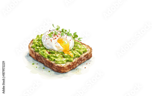 Avocado toast with poached egg garnished with fresh herbs