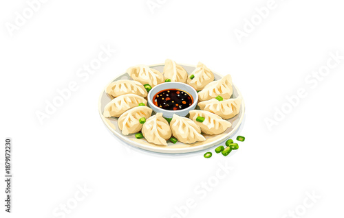 Steamed dumplings with dipping sauce and chopped green onions on plate