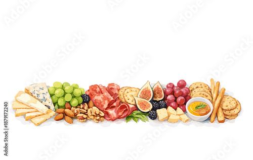 Gourmet charcuterie board with cheese, fruits, nuts, and honey