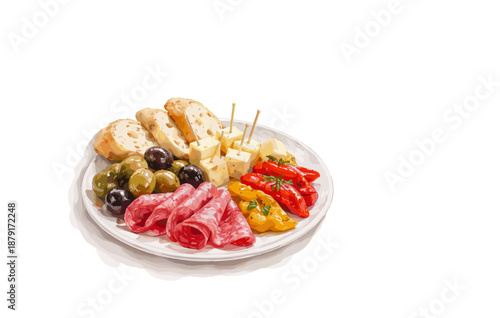 Gourmet cheese and charcuterie platter with olives, bread, and peppers