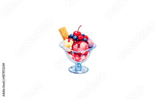 Colorful ice cream sundae with berries and wafer in glass bowl