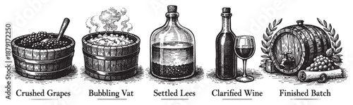 Black and white illustration showing the different stages of wine making, from crushed grapes to a finished batch, rendered in a vintage engraving style.