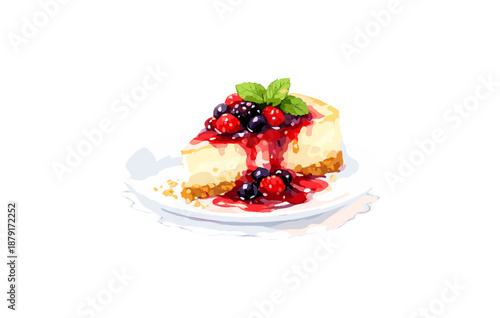 Delicious cheesecake slice with mixed berries and mint garnish