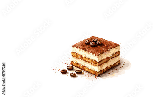 Classic tiramisu slice with coffee beans and cocoa