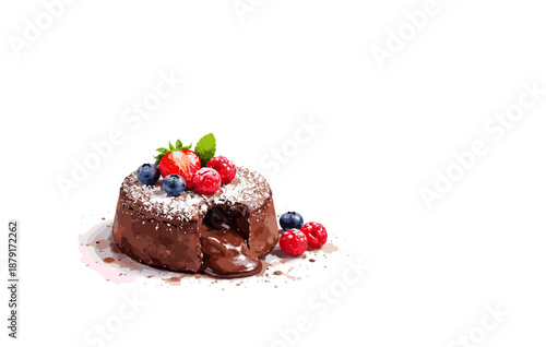 Delicious chocolate lava cake with berries on white background