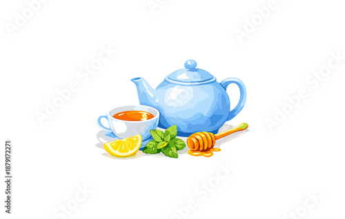 Blue teapot with lemon, mint, and honey on white background